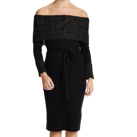 NWT Cuff Knit Black Off the Shoulders midi Dress with Lurex. - Picture 1 of 14